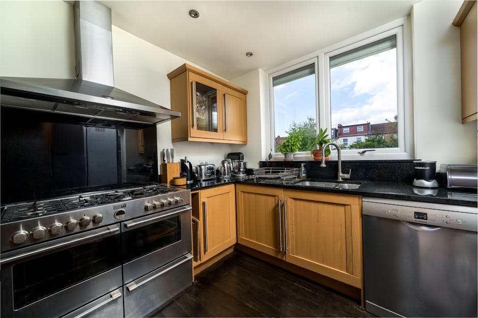 A modern kitchen featuring light wooden cabinets and a black granite countertop, illuminated by natural daylight from a large double-glazed window showing a view of a residential neighbourhood with trees and houses. The stainless steel gas stove with multiple burners and oven is on the left, with a matching stainless steel range hood above. To the right, various small appliances such as a toaster, kettle, and coffee maker are neatly arranged on the countertop. A small potted plant sits by the sink, which has a chrome faucet and a drying rack nearby. The kitchen floor appears to be dark wood or laminate, and the overall space looks clean, tidy, and well-maintained, reflecting professional deep cleaning and surface sanitisation typical of Carpet Cleaners N1.